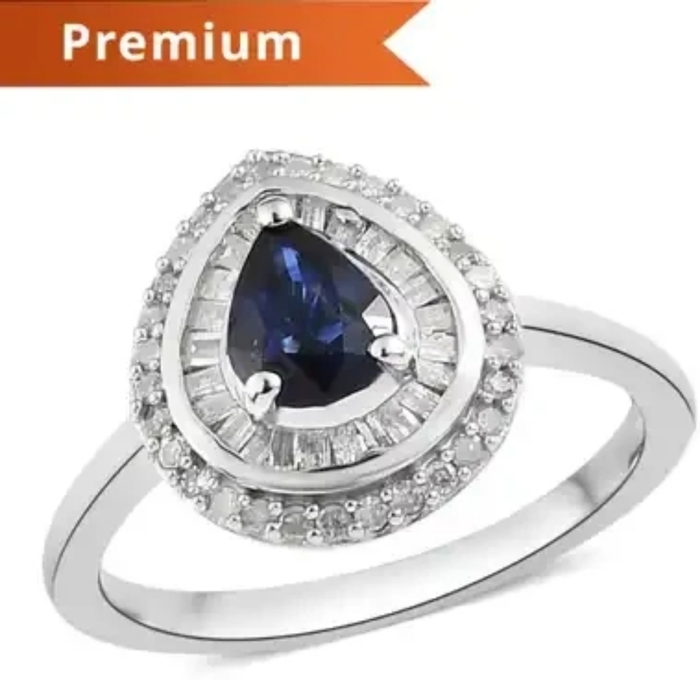 Premium Blue Ceylon Sapphire and Diamond Double Halo Ring Platinum Over Sterling